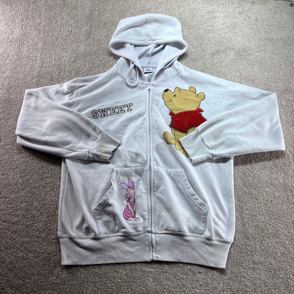Disney Winnie the Pooh Hoodie Mens Medium White Piglet Graphic‎ Full Zip Sweater
